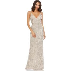Mac Duggal Geometric Embellished V-neck Maxi Dress Beaded Sequins